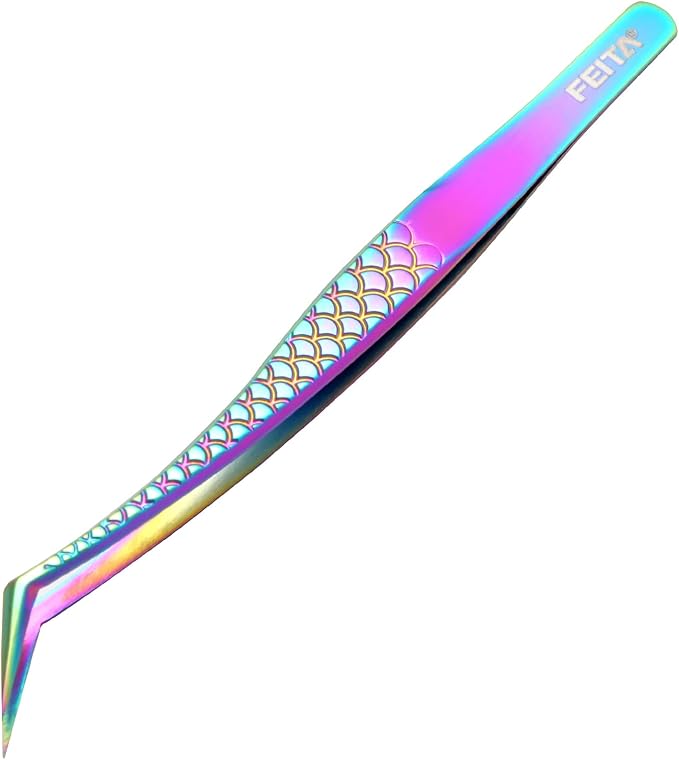 FEITA Diamond Grip Eyelash Extensions Tweezer Lash Precision Tweezers, Japanese Steel Angled Tip, False Lashes Application Tools, Multi-color 1Pc