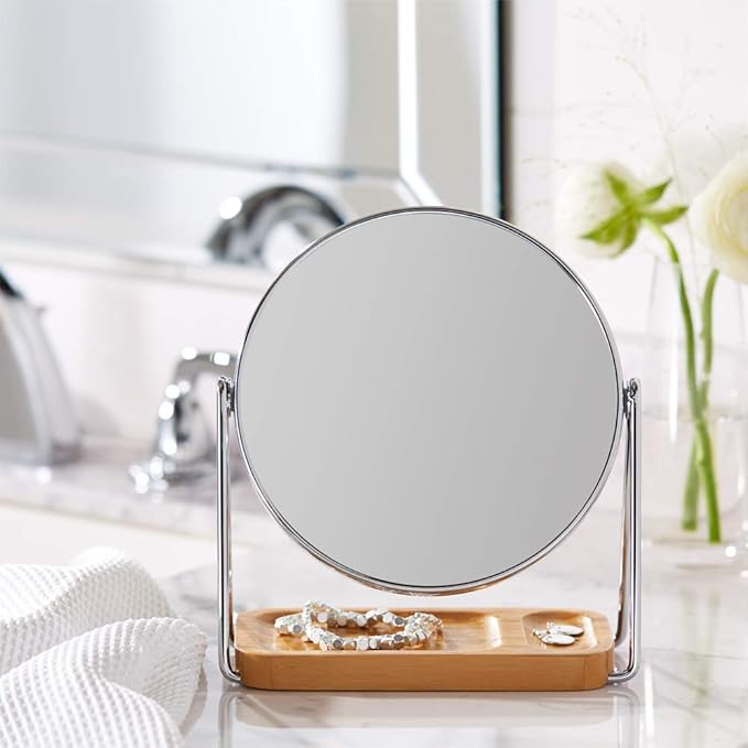 Amazon Basics Vanity Round Tabletop Mount Mirror with Squared Bamboo Tray Magnification, Chrome, 7.2"L x 3.35"W