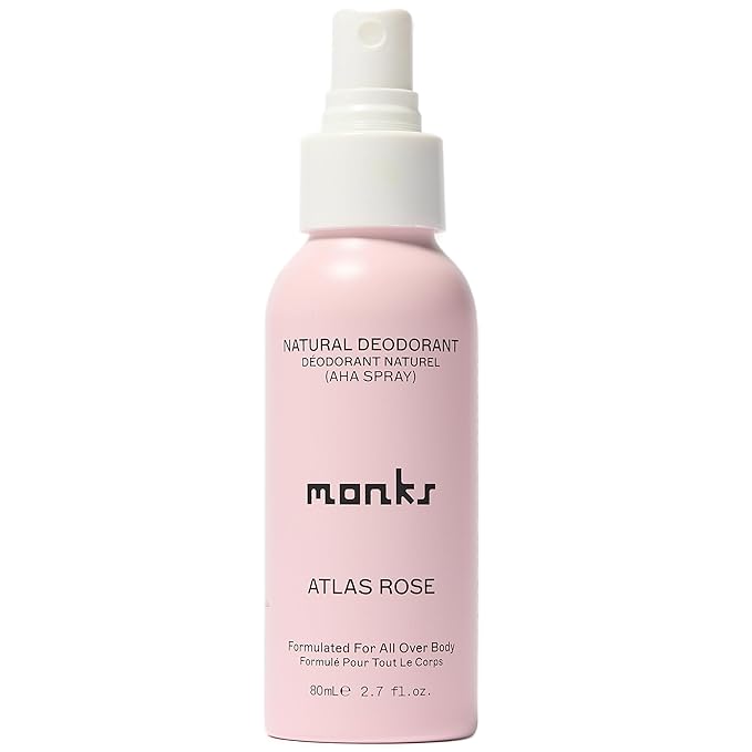 MONKS Whole Body Natural Deodorant Spray - For Women and Men, Aluminum-Free, Baking Soda Free, Probiotics, Organic AHA’s, Pure Essential Oils (Atlas Rose)