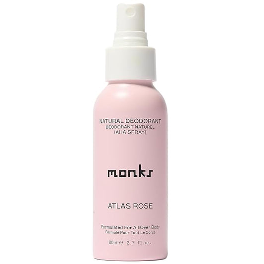 MONKS Whole Body Natural Deodorant Spray - For Women and Men, Aluminum-Free, Baking Soda Free, Probiotics, Organic AHA’s, Pure Essential Oils (Atlas Rose)