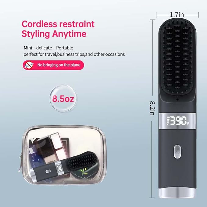 Cordless Hair Straightener Brush Portable on The go Comb for Travel USB chargingTwo Power sources30s Fast HeatingLCD Large Screen Display (Black)