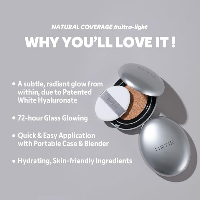TIRTIR Mask Fit Aura Silver Cushion Foundation | Semi-glow Finish, Natural Coverage, Moisturizing, Lightweight, Korean cushion foundation (#17W French Vanilla, Full Size, 0.63 Fl Oz)