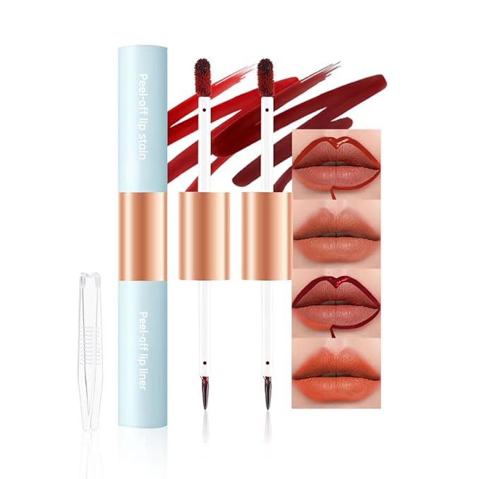 Double-head design Lip Stain Lip Liner Stain,Matte Finish Peel Off Lip Stain,Long Lasting Lightweight Smoothing Waterproof Smudge-proof Transfer-proof, (1+2#Combination Pack, cinnamon+coral)