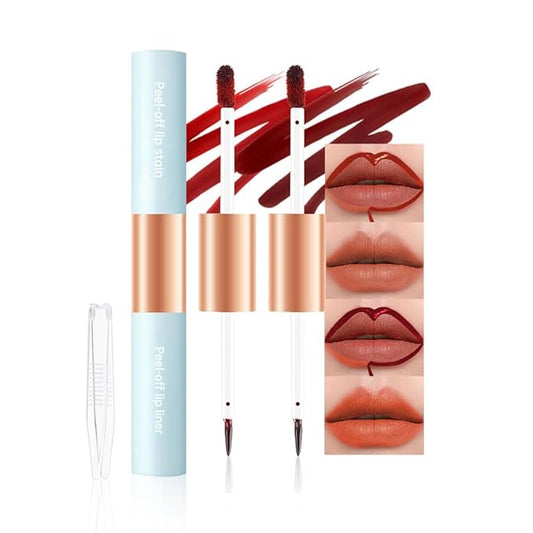 Double-head design Lip Stain Lip Liner Stain,Matte Finish Peel Off Lip Stain,Long Lasting Lightweight Smoothing Waterproof Smudge-proof Transfer-proof, (1+2#Combination Pack, cinnamon+coral)