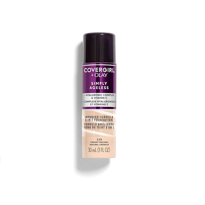 CoverGirl & Olay Simply Ageless 3-in-1 Liquid Foundation, Matte Finish, Hyaluronic & Vitamin C Formula, Creamy Natural, 1 Count