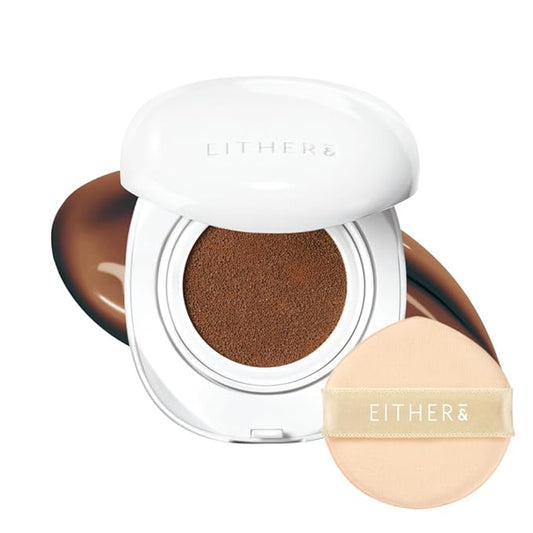EITHER& Glow Pixel Cushion Foundation | Skincare-Infused Glow Finish, Lightweight, Pore Blurring, Long-Lasting Coverage, Korean Beauty (34N Acorn)