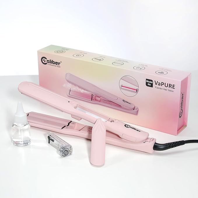 Caliber VaPURE Hair Straightener, Infrared Ultrasonic Spray Mist Flat Iron, Ceramic Plates, 5 Temperature Settings, Pink