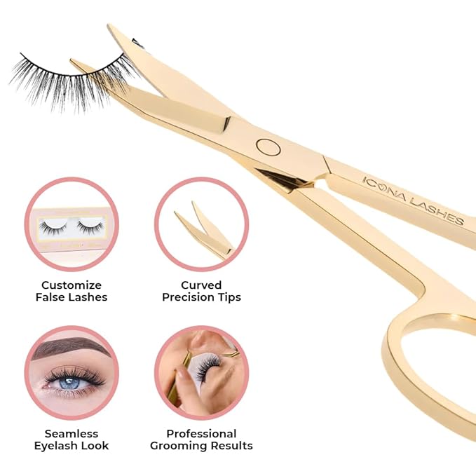 Eyelash Scissors - 24K Gold-Plated Stainless Steel Lash Scissors for Cutting False Lashes - Curved Scissors with Precision Tips for Trimming Cuticle, Eyebrow, Beard, Facial & Nose Hair