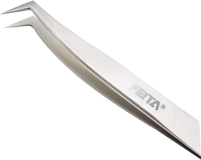 Volume Eyelash Extension Tweezer - FEITA Professional Angled Curved Pointed L-Shaped Precision Tweezers for 3D 4D 6D Lashes Extension - Silver