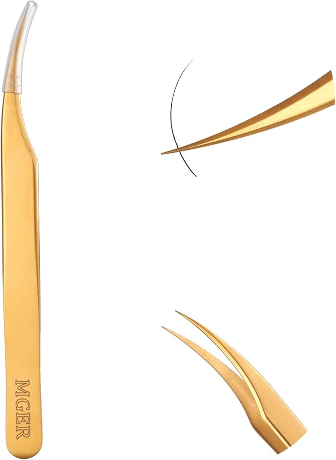 MGER Lash Tweezers for Eyelash Extension-Professional Lashing Tweezers for Mega Volume Mink Eyelashes Extensions Applying, Gold tweezers