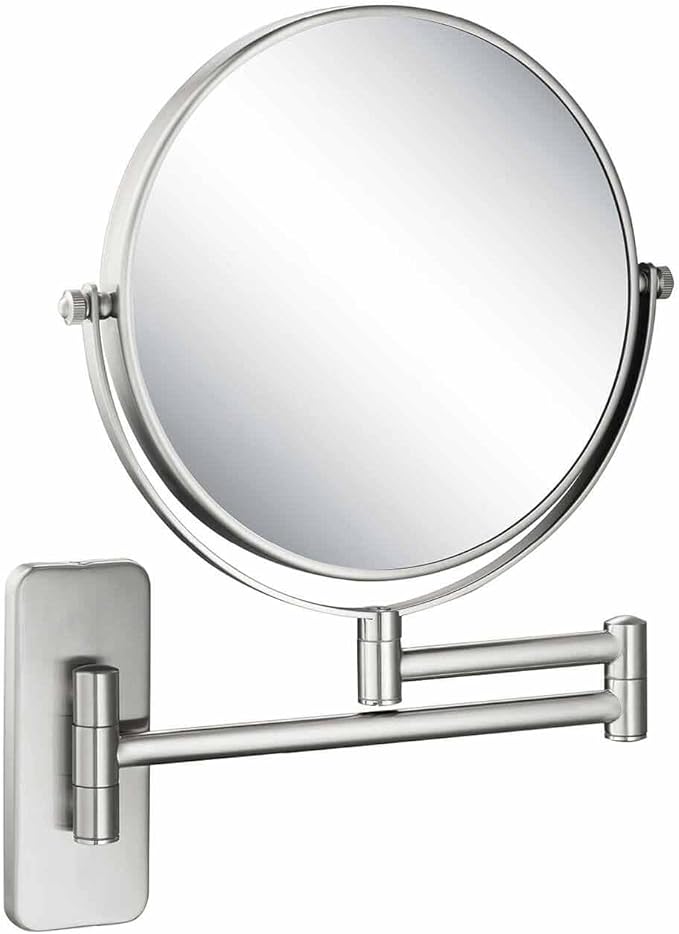 KIBI Circular Wall Mount Makeup Mirror, Dual-Sided 1x/5x Magnifying Mirror with Extendable Arm, 360° Swivel, Solid Brass Construction for Durability and Style (Brushed Nickel, KMM100)