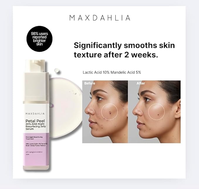 MAXDAHLIA Petal Peel - 20% AHA Serum | Mandelic & Lactic Acid | Resurfacing & Renewing Overnight Treatment for Dark Spots, Uneven Skin Tone & Acne Scar Remover