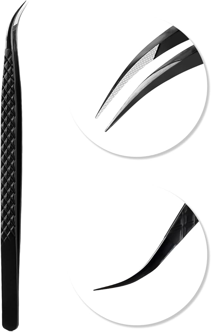 VAVALASH Lash Tweezers for Eyelash Extensions, Fiber Tip Diamond Grip Isolation Tweezers, Professional Precision Black Lash Tweezers for Volume & Classic Lashes