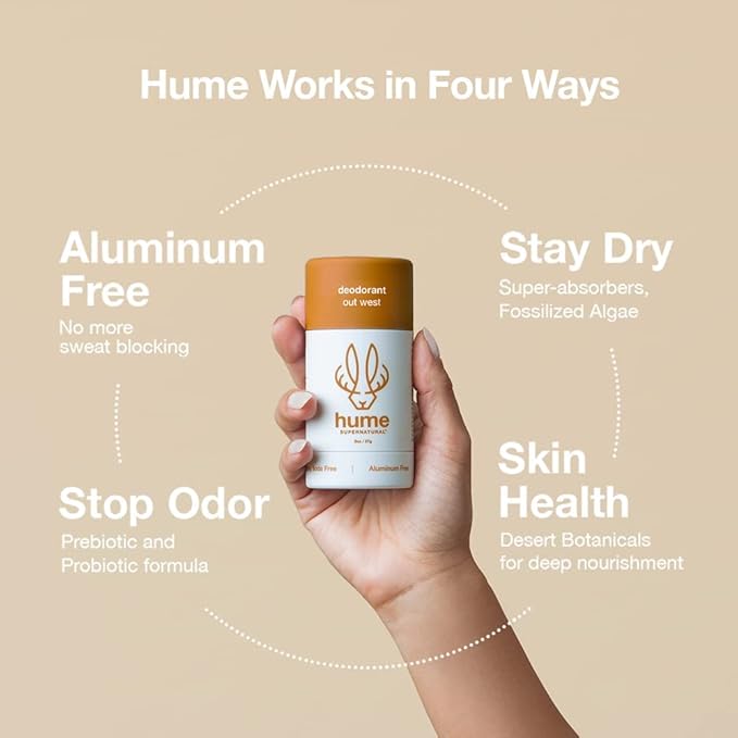 Hume Supernatural Aluminum Free Deodorant for Women & Men - Probiotic and Plant-Based, Long-Lasting Moisture Absorbing - Clean and Effective. (Out West - 2-Pack)