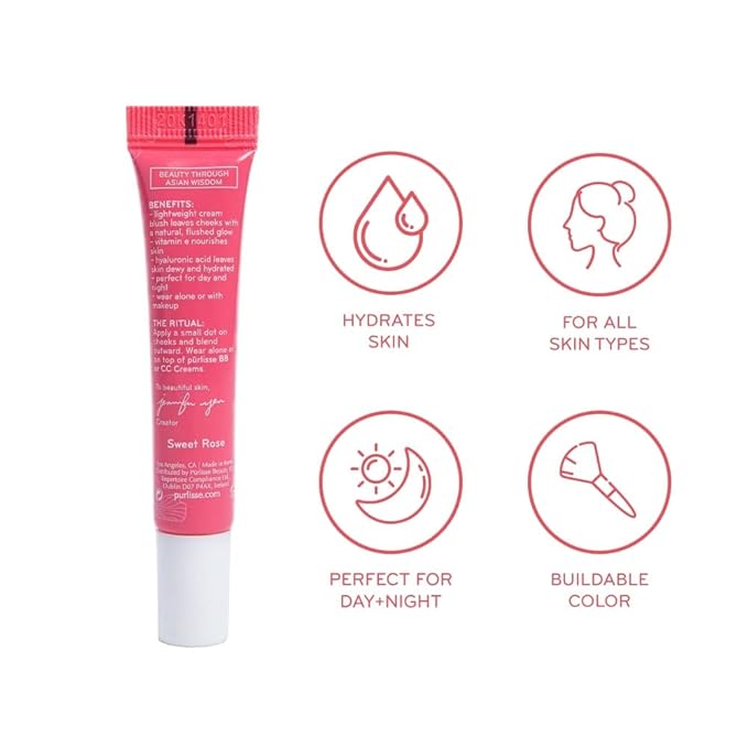pürlisse Blush Glow BB Cheek Color - Dewy Liquid Blush for Cheeks - Enriched with Vitamin E & Hyaluronic Acid - Creamy, Lightweight & Buildable - Hydrating & Nourishing - Sweet Rose (0.34 Fl oz)