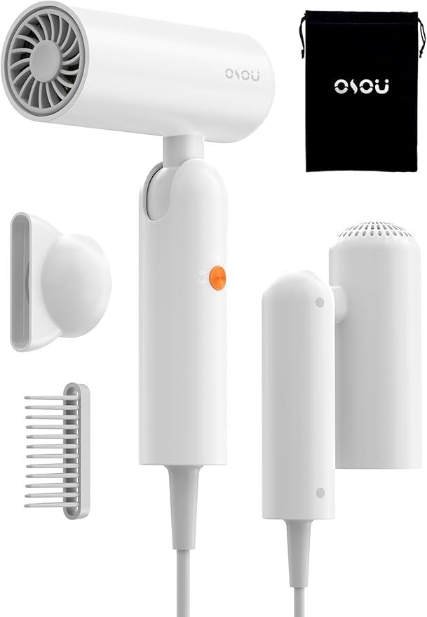 Travel Hair Dryer, Dual Voltage with Auto-Sensing, 1B Plasma Particles, 200times/s Temp Control, Portable Blow Dryer with Single-Sided Comb, White
