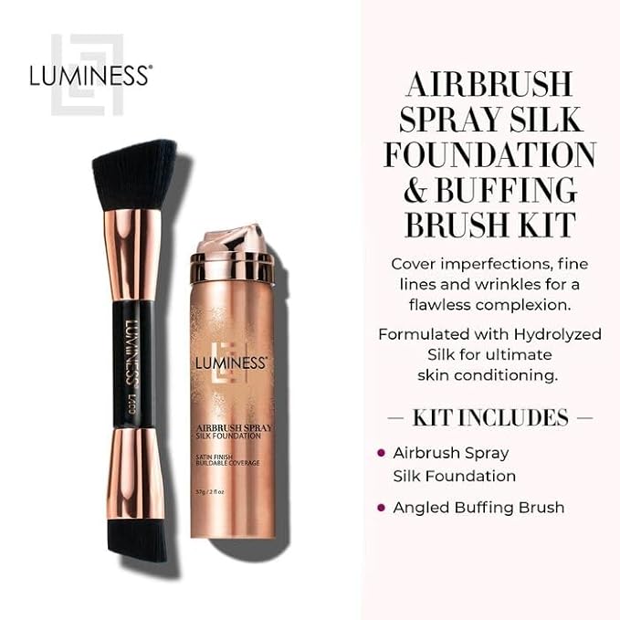 LUMINESS Silk Airbrush Spray Foundation & Buffing Brush Kit – Full Coverage Foundation & Dual-Sided Buffing Brush - Buildable Coverage, Anti-Aging Formula Hydrates & Moisturizes (Shade - Deep)