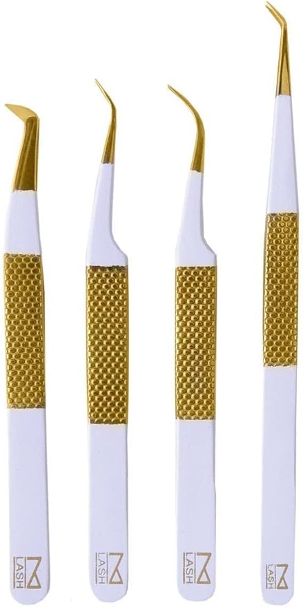 M LASH Tweezers for Eyelash Extensions (Set of 4) - Professional Lash Extension Tweezers - Fiber Tip, Japanese Steel, Diamond Grip Eyelash Extension Tweezer (WMG-SET)