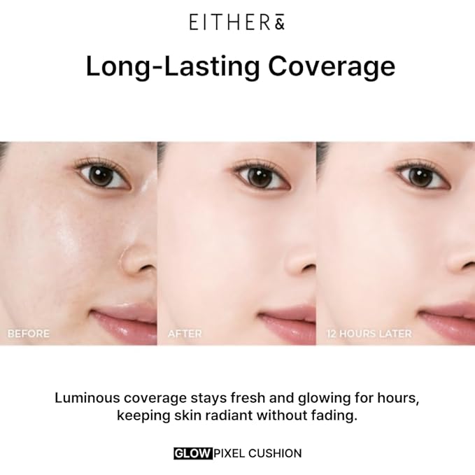 EITHER& Glow Pixel Cushion Foundation | Skincare-Infused Glow Finish, Lightweight, Pore Blurring, Long-Lasting Coverage, Korean Beauty (21P Rosy)