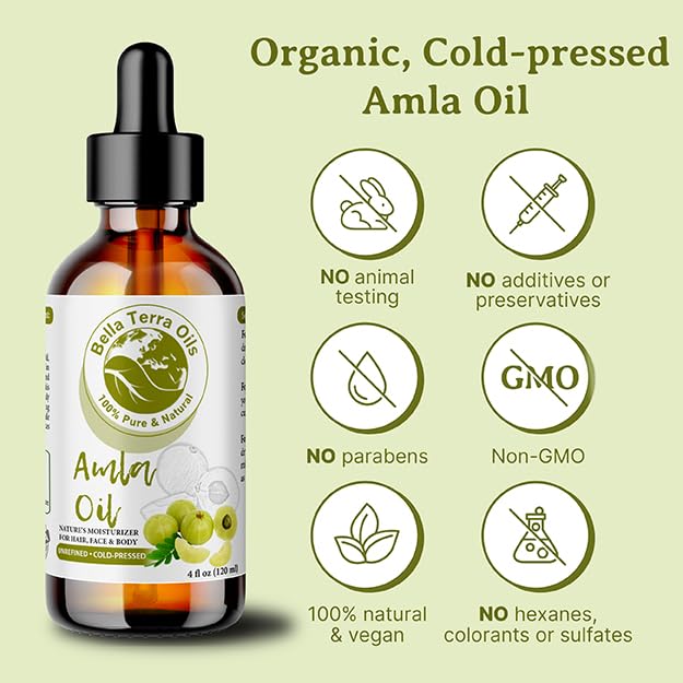 Bella Terra Oils - Organic Amla Oil 4 oz - Dive into Organic Amla's Nutritional Excellence, High in Vitamin C & E, Promotes Supple & Radiant Skin