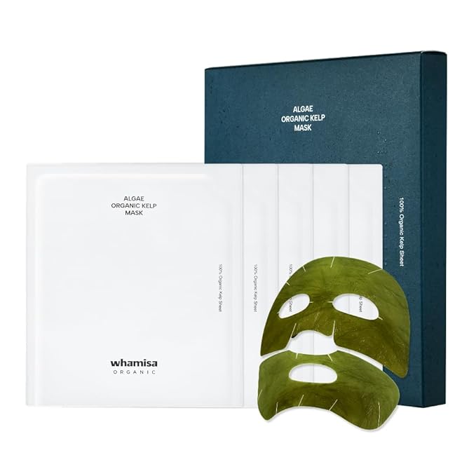 Whamisa Organic Algae Kelp Facial Sheet Mask, De-Puffing, Deep Hydration, Soothing, Moisturizing, Postbiotics, Fermentation, Korean Skin Care (5 PCS/Pack)