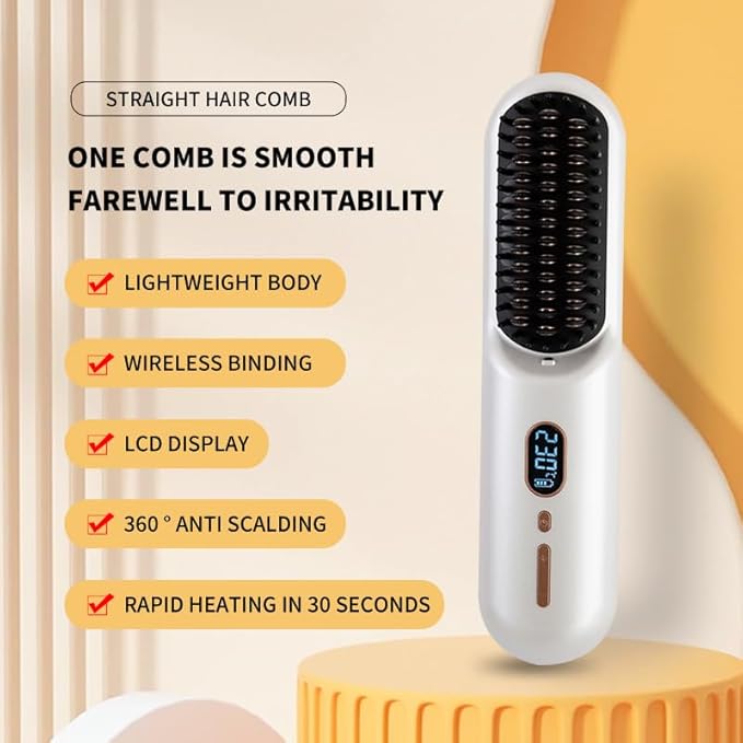 Cordless Hair Straightener Brush Hot Comb Hair Straightening Iron Wireless Hot Combs, Anti Burn for Natural Black Hair Beard Wigs Wonmen Gifts - White
