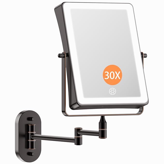 FASCINATE 5000mAh Rechargeable Wall Mounted Makeup Mirror, 8.7" Double Sided Touch Switch 1X 30X Rectangle Wall Mounted Magnifying Mirror with Light, 3 Color Setting, Extended Arm 360° Foldable Bronze
