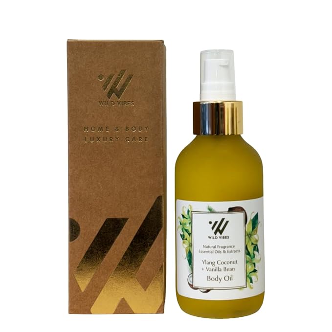 Wild Vibes Ylang Coconut + Vanilla Bean Body Oil with Vitamin E – Hydrating Botanical Blend with Jojoba, Papaya Seed & Cacay Oil – Lightweight Moisturizer for Soft, Glowing Skin 4oz