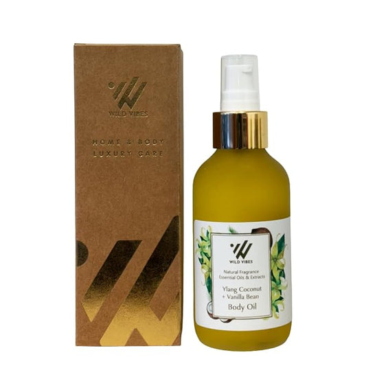 Wild Vibes Ylang Coconut + Vanilla Bean Body Oil with Vitamin E – Hydrating Botanical Blend with Jojoba, Papaya Seed & Cacay Oil – Lightweight Moisturizer for Soft, Glowing Skin 4oz