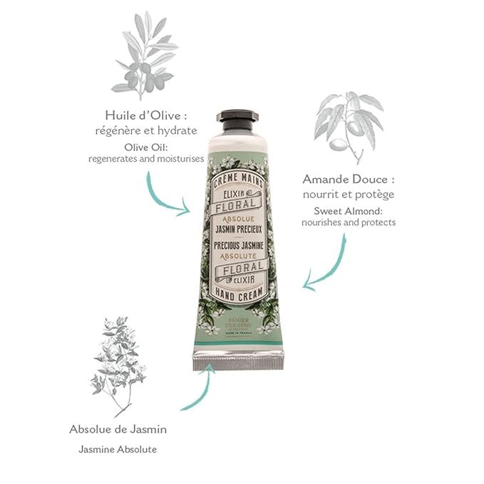 Panier des Sens - Small Hand Cream for Dry Cracked Hands - Jasmine Mini Hand Lotion for Dry Skin - With Sweet Almond and Olive Oil - Hand Care 96% Natural Ingredients - Travel Size 1 floz
