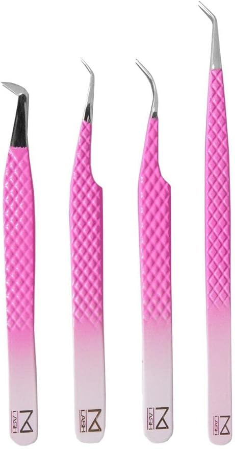 M LASH Tweezers for Eyelash Extensions (Set of 4) - Professional Lash Extension Tweezers - Fiber Tip, Japanese Steel, Diamond Grip Eyelash Extension Tweezer (PW-Ombre)