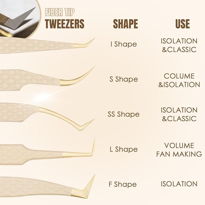 Beige Fiber Tip Lash Tweezers for Eyelash Extensions – L Shape 90-Degree for Volume Fan Making, Professional Precision Lash Extension Tweezers