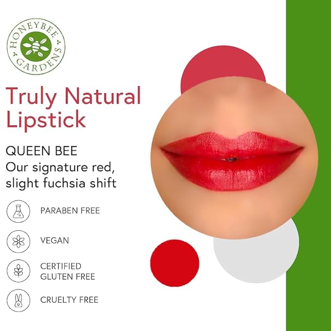 Honeybee Gardens Truly Natural Long Lasting Lipstick, Queen Bee Lipstick, Signature Red, Naturally Hydrating & Nourishing, Vegan, Gluten-Free & Cruelty-Free, 0.11 oz / 3 g