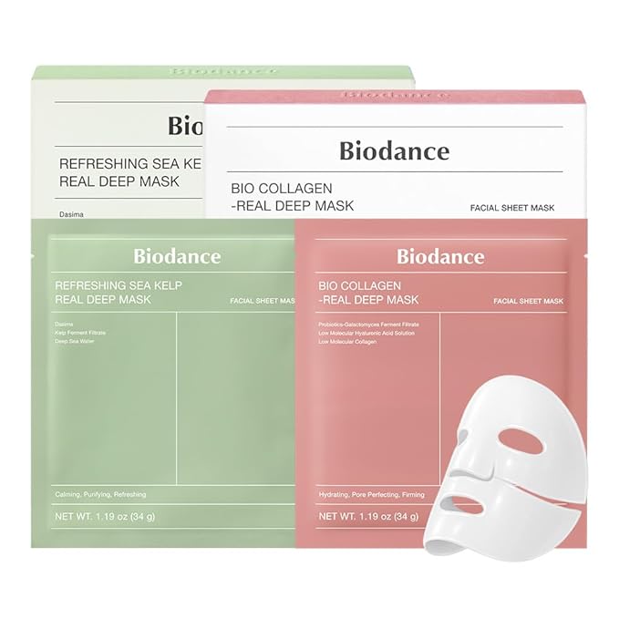 BIODANCE Clear Glow Mask Duo: Bio Collagen & Sea Kelp Real Deep Mask, Gel Face Mask Set for Glass Skin, Pluming, Calming, Korean Skincare Set, Christmas Gift Stocking Stuffers