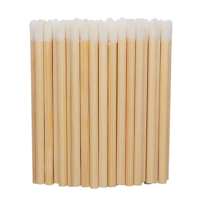 100 Pcs Disposable Lip Brushes Premium Lipstick Applicator Wands Bamboo Handle Makeup Tool Kits (Bamboo handle white)