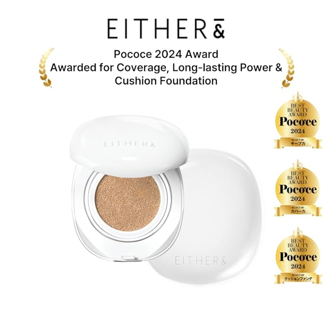 EITHER& Glow Pixel Cushion Foundation | Skincare-Infused Glow Finish, Lightweight, Pore Blurring, Long-Lasting Coverage, Korean Beauty (24P Suede)