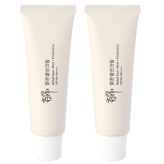 2PCS Relief Sun Rice + Relief Sun Organic Sunscreen SPF50, Probiotics SPF50+ Rice Sunscreen Korean PA++++ for All Skin Type and UV Defense(2PCS*50ml)