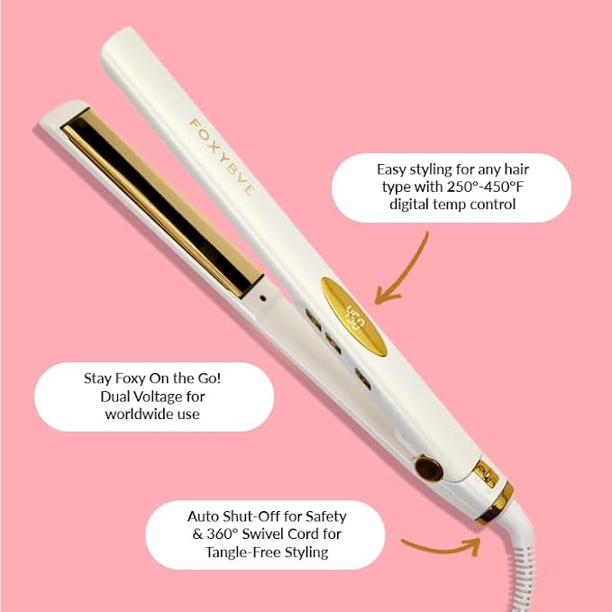 FoxyBae Trés Sleek Titanium Flat Iron Hair Straightener - Frizz-Free, Shinier & Smoother Hair - Dual Voltage Hair Styling Tools - w/LCD Display, Temperature Control, Auto Shut-Off 1" [Pearl Gold]