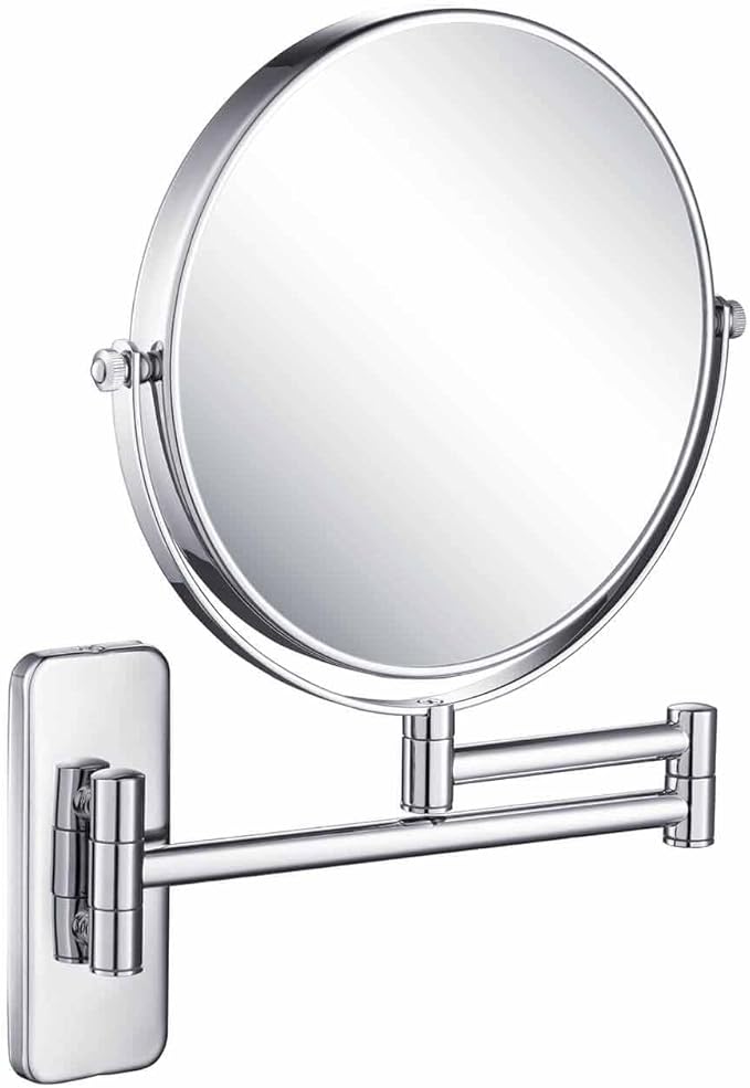 KIBI Circular Wall Mount Makeup Mirror, Dual-Sided 1x/5x Magnifying Mirror with Extendable Arm, 360° Swivel, Solid Brass Construction for Durability and Style (Chrome, KMM100)
