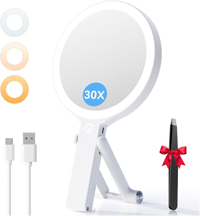 Auxmir Travel Makeup Mirror with Lights, 30X/1X Double-Sided Magnifying Mirror, Rechargeable Lighted Hand Mirror with 3 Color Lighting & Adjustable Brightness Tabletop Hanging Portable Handheld