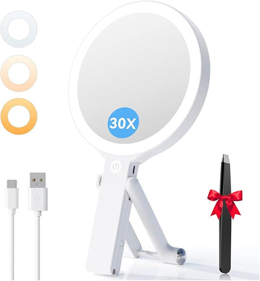 Auxmir Travel Makeup Mirror with Lights, 30X/1X Double-Sided Magnifying Mirror, Rechargeable Lighted Hand Mirror with 3 Color Lighting & Adjustable Brightness Tabletop Hanging Portable Handheld