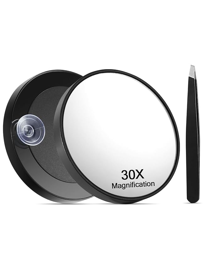 30X Magnifying Mirror with Suction Cups and Tweezers Set, 3.5 inches Magnified Makeup Mirror, Black, 1PC