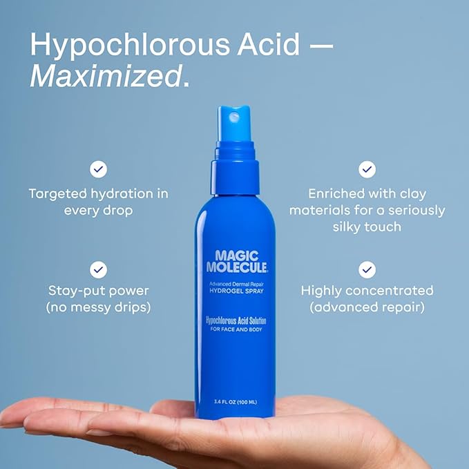 Magic Molecule Dermal Repair Hydrogel Spray with Pure Hypochlorous Acid, Intensive Skin-Smoothing Formula for All Skin Types (3.4 oz) (pack of 2)