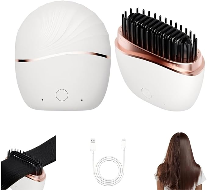 Mini Hair Straightener Brush, Portable Brush for Women Hair Care, Rechargeable Hair Straightener Comb with 2 Temperature Settings & Built-in Mirror, Straight Hair Comb for Home Travel (White)