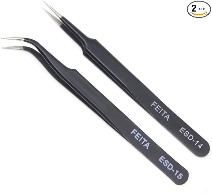 Eyelash Tweezers - FEITA Precision Eyelash Extension Tweezers Set - Professional Straight & Curved Pointed Very Fine Tip Tweezers for Lash Extensions - Black - 2Pcs