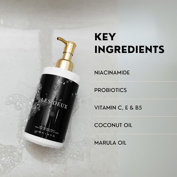 Les Deux Body Wash - Nourishing & Hydrating Natural Body Cleanser with Niacinamide, Probiotics, Rosehip & Marula Oils, No 4 - (Bergamot, Sandalwood, Vanilla). Sulfate free body wash