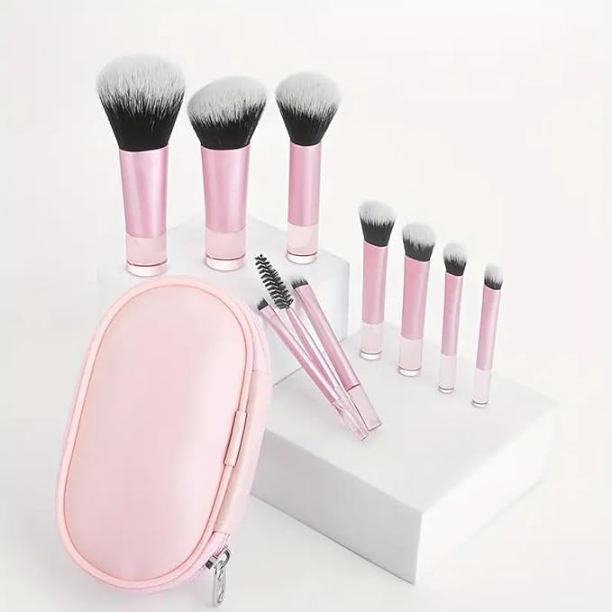 Glamberry Portable Mini Travel Makeup Brushes Set,10pcs Pink Easy-taken Cosmetic Brushes Kit with Brush Pouch, On the Go Cute Short Makeup Brush Small Travel Essentials for Women, Girls
