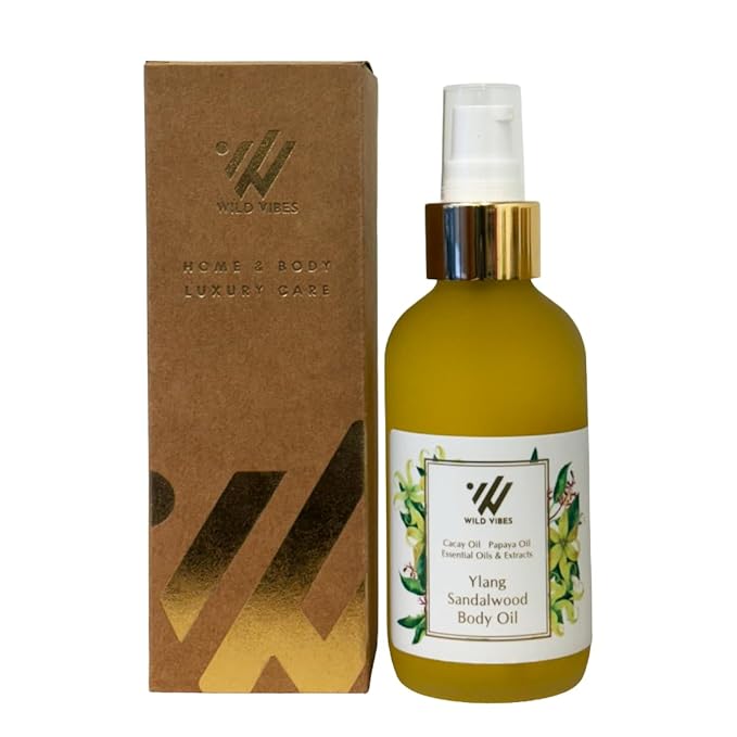 Wild Vibes Ylang Sandalwood + Amber Body Oil with Vitamin E for Women After Shower – Silky Botanical Blend with Jojoba, Papaya Seed & Cacay Oil – Fast-Absorbing Hydration for Smooth Skin 4oz