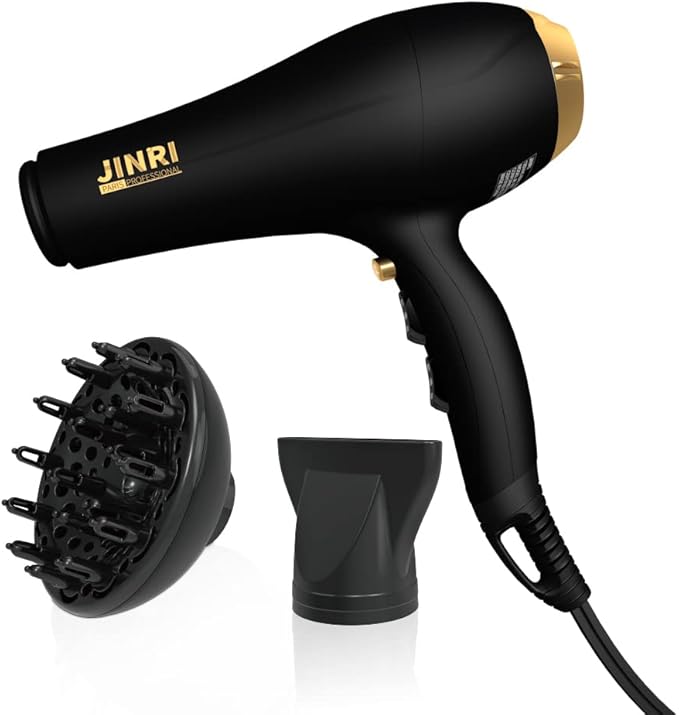JINRI Hair Dryer, 2000W, 3 Heat & 2 Speed, Detachable Air Intake, with Diffuser, with Concentrator, Hanging Strap, Non-Foldable, Black