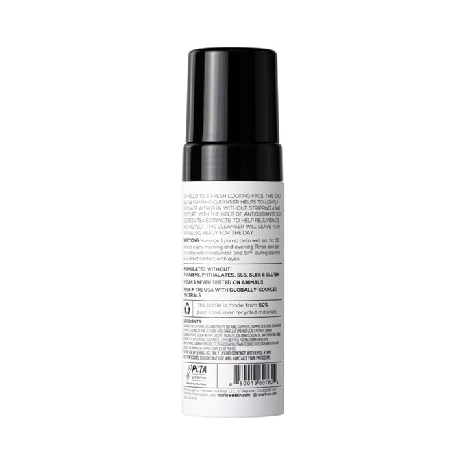 MARLOWE. No. 129 Gentle Foaming Facial Cleanser 4.5 Oz, Exfoliating, Brightening & Protective Daily Mens Face Wash with PHA, Natural Green Tea Extracts & Antioxidants, Unscented & Vegan